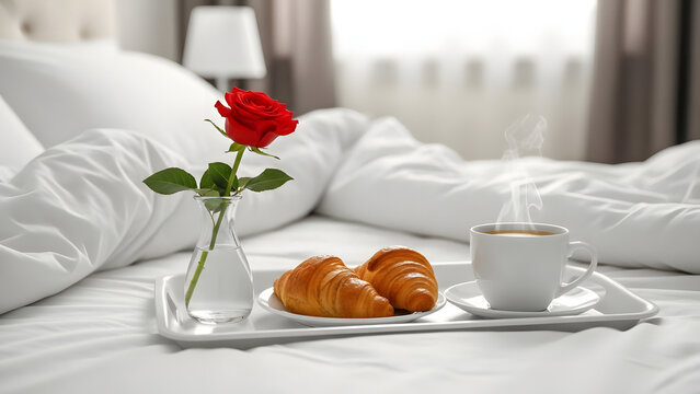 Romantic breakfast in bed with rose coffee and croissants