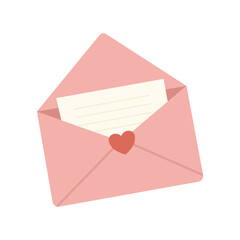 Cute pink envelope with love letter and heart seal flat illustration. Suitable for clip art, stickers, flat design illustration, etc