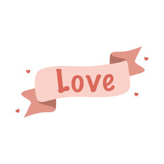 Cute pink ribbon banner with Love typography flat illustration. Suitable for clip art, stickers, flat design illustration, etc
