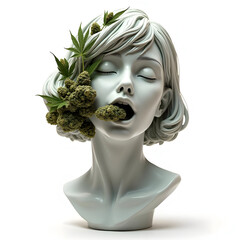 Marble female head with cannabis buds stuffed in her mouth and weed buds decorating her hair, isolated on a white background