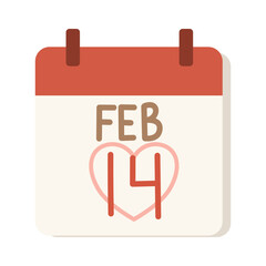 Valentine's Day calendar icon showing February 14 with heart shape. Suitable for clip art, stickers, flat design illustration, etc