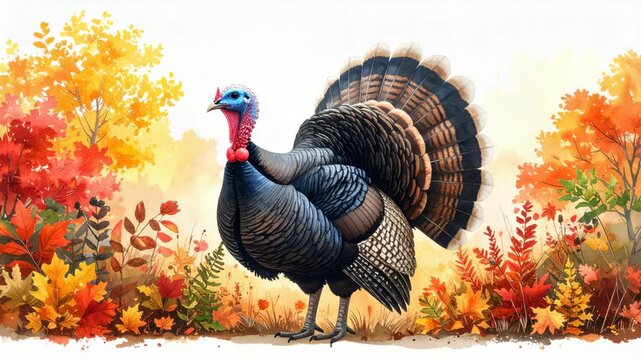 Watercolor painting of a turkey standing in a vibrant autumn landscape with colorful foliage and leaves, creating a festive Thanksgiving theme