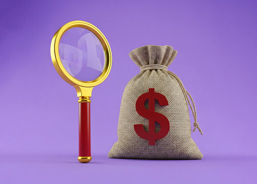 Us dollar money bag and magnifying glass. Origin of capital and legality of funds concept. Find high-paying job. Favorable conditions for deposits, loans. Search for financing and financial audit.