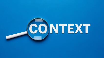 Magnifying glass focusing on the word context on blue background  