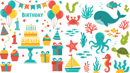 Fototapeta premium Cute Underwater Birthday Party Vector Set with Whale Fish Octopus Cake Balloons Gifts and Sea Elements for Kids