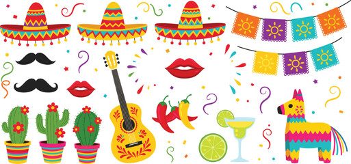 Naklejka premium Mexican Fiesta Party Vector Set with Sombreros Guitar Chili Peppers Margarita Cactus and Pinata for Celebration Designs