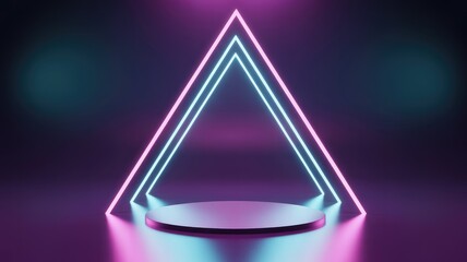 Neon triangle with glowing purple and blue lights on stage