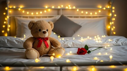 Teddy bear sitting on bed with red bow surrounded by warm string lights and a single rose cozy bedroom atmosphere