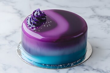 mirror glaze cake, modern dessert with minimalist cake design and glossy surface featuring galaxy color glaze for elegant contemporary pastry presentation