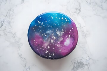 mirror glaze cake, modern dessert with minimalist cake design and glossy surface featuring galaxy color glaze for elegant contemporary pastry presentation
