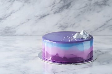 mirror glaze cake, modern dessert with minimalist cake design and glossy surface featuring galaxy color glaze for elegant contemporary pastry presentation