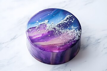 mirror glaze cake, modern dessert with minimalist cake design and glossy surface featuring galaxy color glaze for elegant contemporary pastry presentation