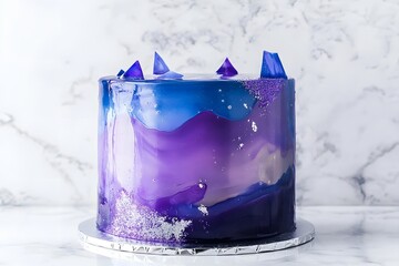 mirror glaze cake, modern dessert with minimalist cake design and glossy surface featuring galaxy color glaze for elegant contemporary pastry presentation