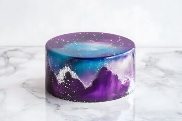 mirror glaze cake, modern dessert with minimalist cake design and glossy surface featuring galaxy color glaze for elegant contemporary pastry presentation