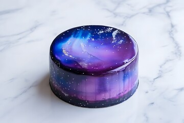 mirror glaze cake, modern dessert with minimalist cake design and glossy surface featuring galaxy color glaze for elegant contemporary pastry presentation
