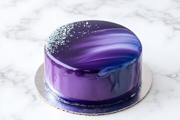 mirror glaze cake, modern dessert with minimalist cake design and glossy surface featuring galaxy color glaze for elegant contemporary pastry presentation