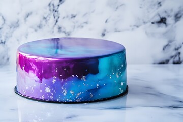 mirror glaze cake, modern dessert with minimalist cake design and glossy surface featuring galaxy color glaze for elegant contemporary pastry presentation