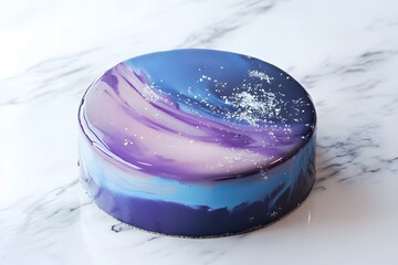 mirror glaze cake, modern dessert with minimalist cake design and glossy surface featuring galaxy color glaze for elegant contemporary pastry presentation