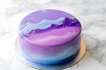 mirror glaze cake, modern dessert with minimalist cake design and glossy surface featuring galaxy color glaze for elegant contemporary pastry presentation