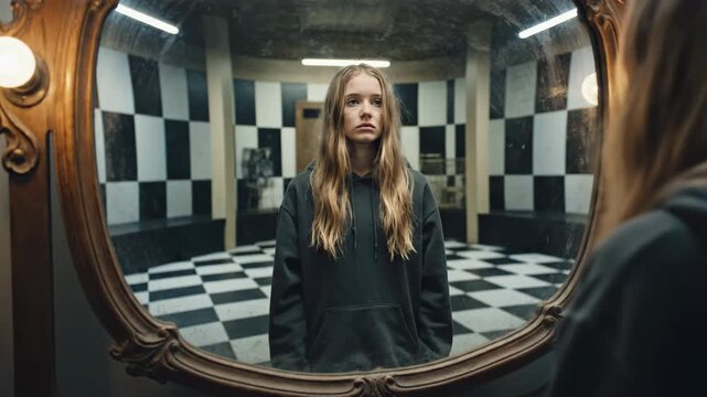 A solitary figure stands in front of an ornate mirror, deep in contemplation. The space is striking, with a checkered floor and moody lighting, inviting introspection and emotional reflection.