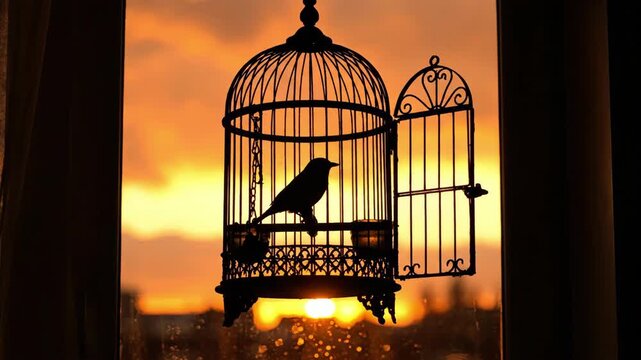 A beautifully crafted birdcage stands against a vibrant sunset, highlighting a solitary bird perched quietly. The interplay of light and shadow conveys themes of freedom and entrapment.