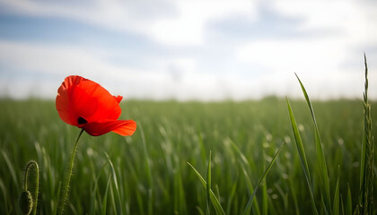 Obraz premium A beautiful red poppy blossom blooms in a vibrant summer meadow under a blue sky, capturing the rural nature of wild flowers in a stunning spring landscape