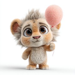 Adorable Cartoon Lion Character Holding Pink Cotton Candy Balloon