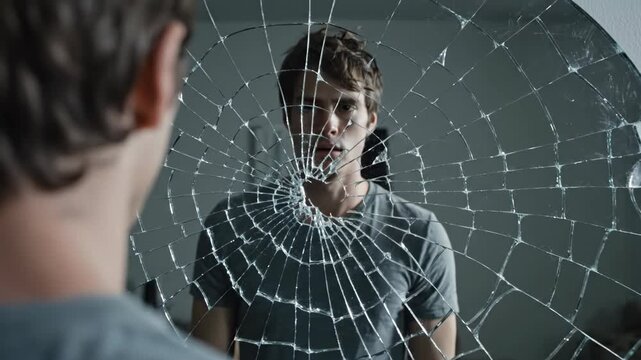 A young man stands in front of a fractured mirror, his expression contemplative. The cracks symbolize the complexity of his inner thoughts. Shadows dance in a soft, surreal ambiance.