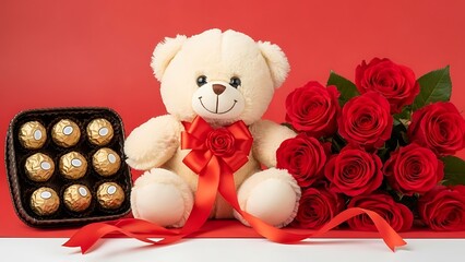 Cute white teddy bear with red bow sitting next to bouquet of roses and ferrero rocher chocolates on red background for valentine's day gift ideas