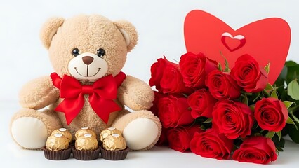 Cute teddy bear with red bow sitting beside bouquet of roses and chocolates on white background for valentine's day