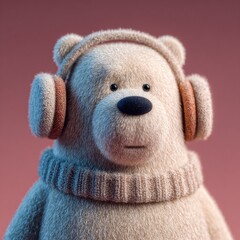 Cute bear character wearing headphones and a cozy sweater