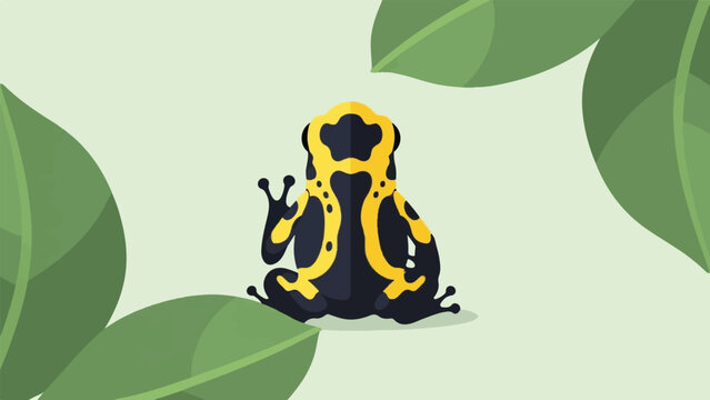 A graphic image of a black and yellow poison dart frog amidst green leaves