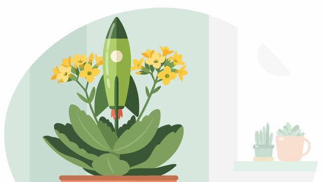 A green rocket ship emerges from a blooming succulent plant