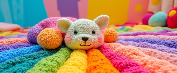 Colorful crocheted teddy bear resting on a vibrant rainbow blanket.