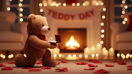 Teddy bear holding gift box in cozy living room with fireplace on teddy day
