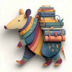 Colorful Wooden Bear with Books and Suitcases on Its Back