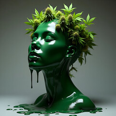 Green glass female bust with cannabis leaves and buds, drenched and dripping in thick green paint