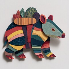 Colorful Paper Collage of Bear with Backpack and Nature Elements