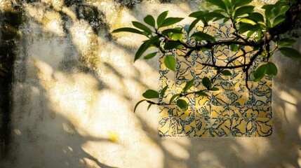 Intricate mosaic tiles with yellow blue and white geometric patterns decorated by green leaves and branches in warm sunlight casting dappled shadows on a textured wall