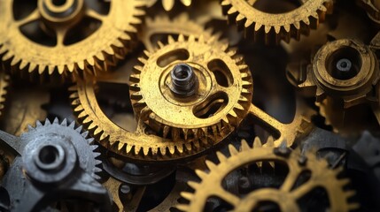 Intricate tarnished brass gears and cogs in a close up view showing mechanical detail and texture