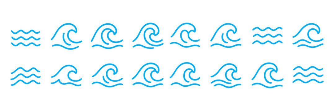 Water waves icon set. Three parallel wavy lines symbolizing waves or water flow vector illustration. Simple sea ripple pictogram symbol. Clean water sign. Minimalist wave pictogram.