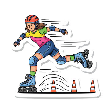 A young girl in protective gear rollerblading over cones on a white background with motion lines conveying speed and movement.