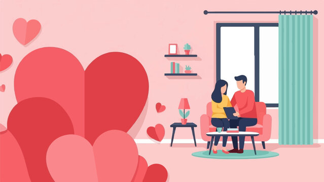 A couple sits together in a living room with large hearts on the left