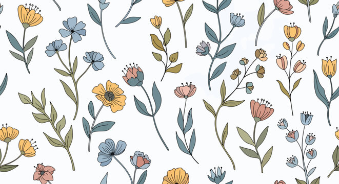 Spring flowers. Seamless floral border. Colorful poppies, iris, tulips, carnations, primroses, daffodils on a mint background. Garden bed. Vintage vector illustration.

