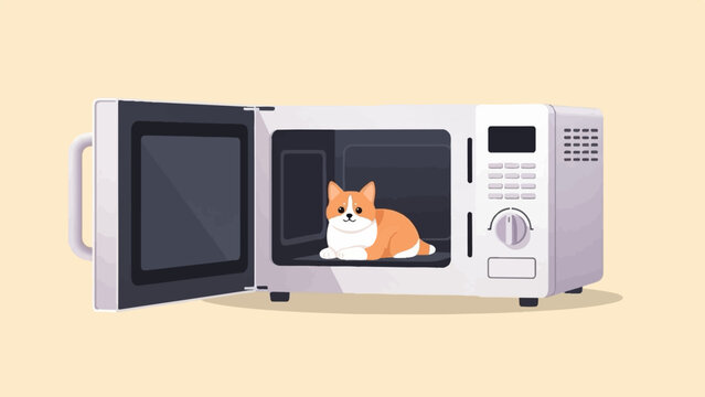 A fluffy cat sits inside an open microwave oven, against a neutral background