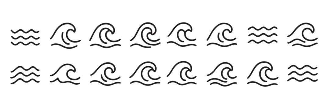 Water waves icon set. Three parallel wavy lines symbolizing waves or water flow vector illustration. Simple sea ripple pictogram symbol. Clean water sign. Minimalist wave pictogram.