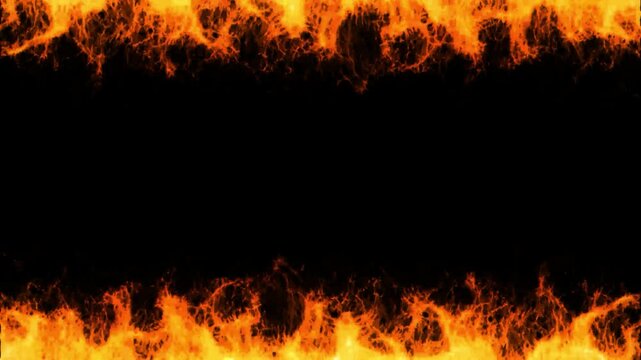 Realistic fire flame border animation with copy space for cinematic design banner headers isolated on solid background.