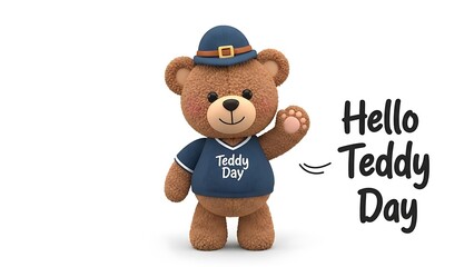 Cute brown teddy bear in blue hat and shirt waving on white background with hello teddy day text
