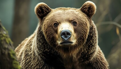 Obraz premium A captivating close-up of a brown bear's face. The bear has rich, dark brown fur and a focused, direct gaze. Background is a blurred green forest , emphasizing the animal’s presence. Wildlife nature