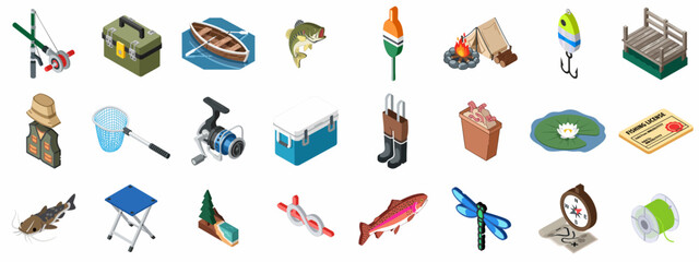Isometric Fishing and Camping Icons Set: Essential Gear, Tackle, Fish, and Outdoor Equipment for Recreational Activities. © Sabiqul